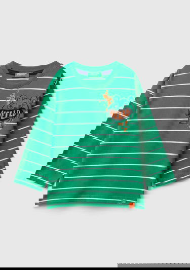  Erkek Çocuk Yeşil Etek Ucu Logo Etiketli  Baskılı Çizgili Uzun Kollu T-Shirt