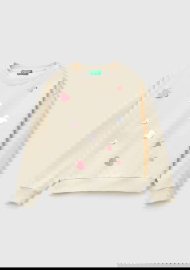  Kız Çocuk Ekru Önü Kalpli Payetli Düşük Omuz Bisiklet Yaka Sweatshirt