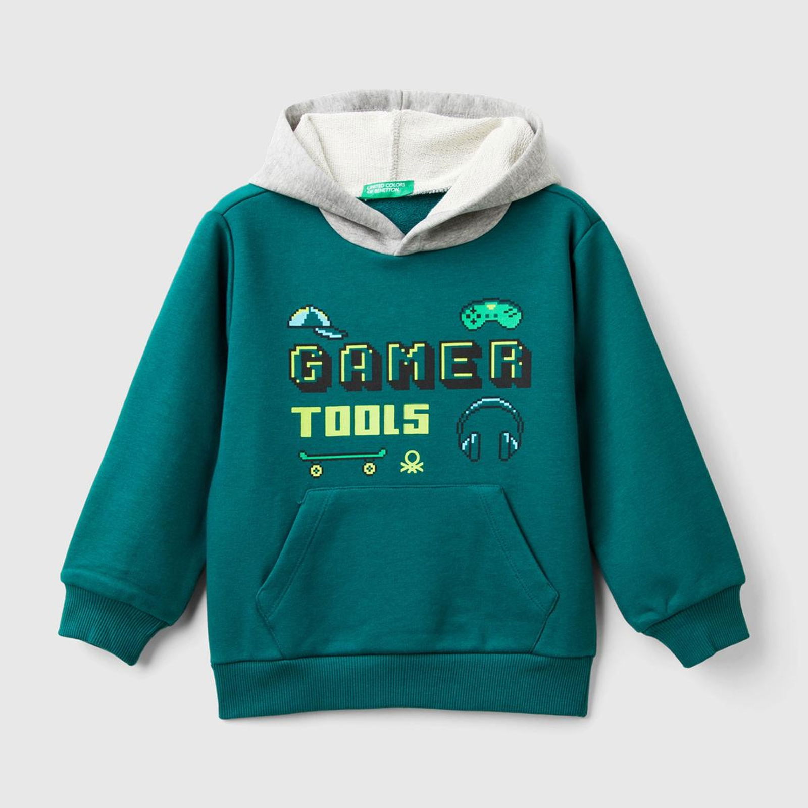 Erkek Çocuk Çam Yeşili Önü Baskılı Kapüşonu Kontrast Renkli Kanguru Cepli Sweatshirt
