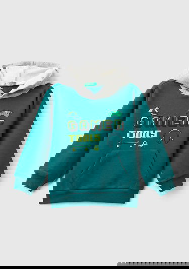  Erkek Çocuk Çam Yeşili Önü Baskılı Kapüşonu Kontrast Renkli Kanguru Cepli Sweatshirt