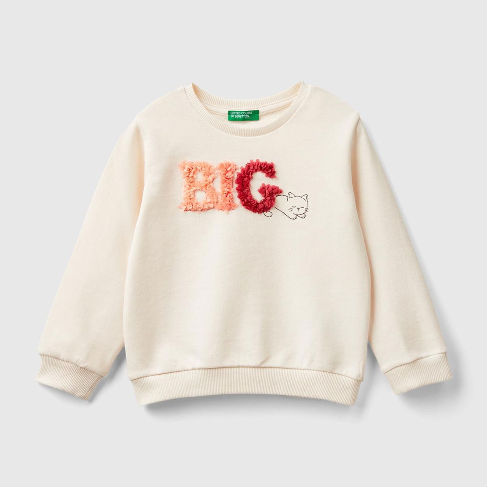 Kız Çocuk Ekru Önü İşlemeli Ribana Detaylı Normal Kesim Bisiklet Yaka Sweatshirt