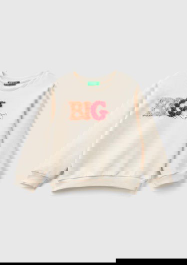  Kız Çocuk Ekru Önü İşlemeli Ribana Detaylı Normal Kesim Bisiklet Yaka Sweatshirt
