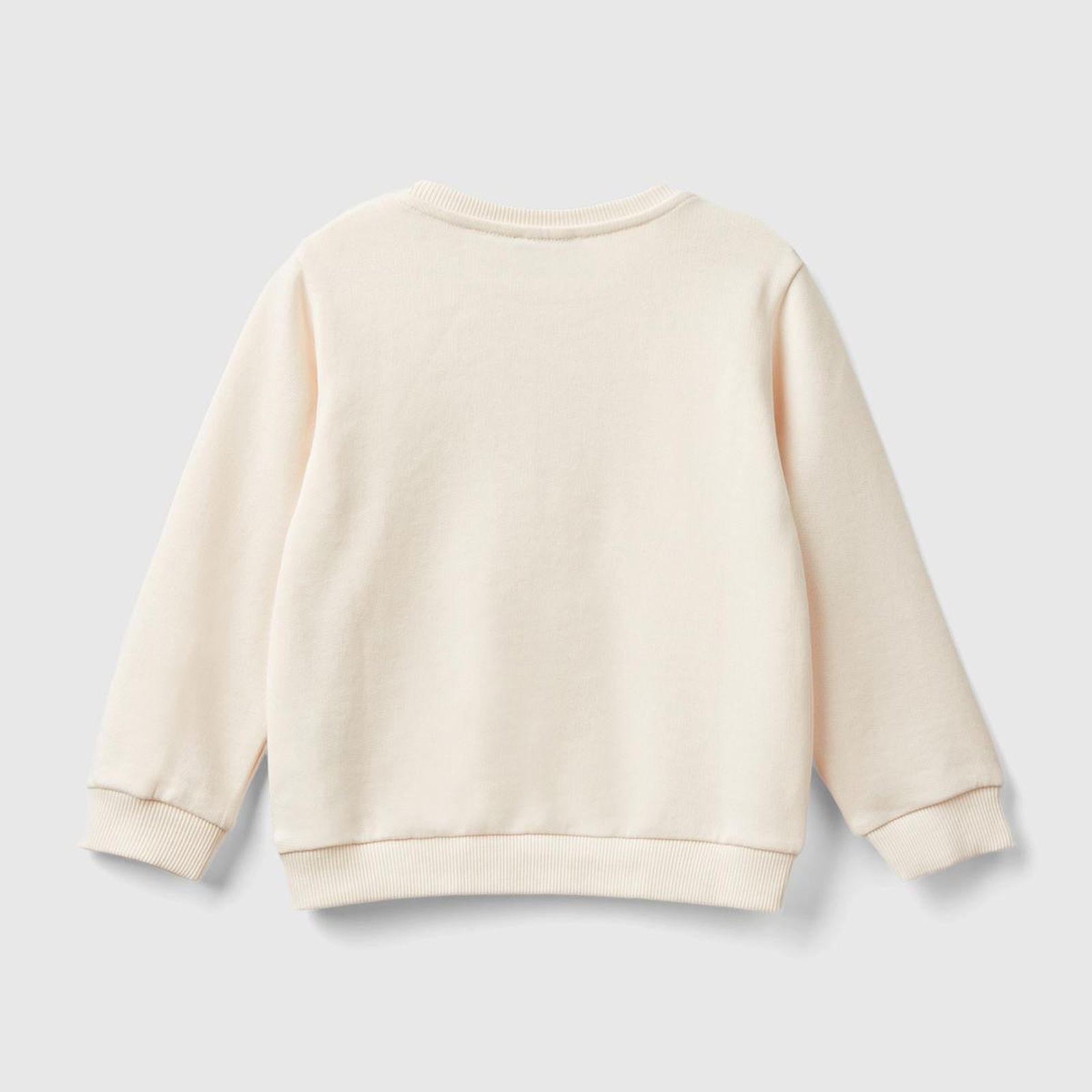Kız Çocuk Ekru Önü İşlemeli Ribana Detaylı Normal Kesim Bisiklet Yaka Sweatshirt