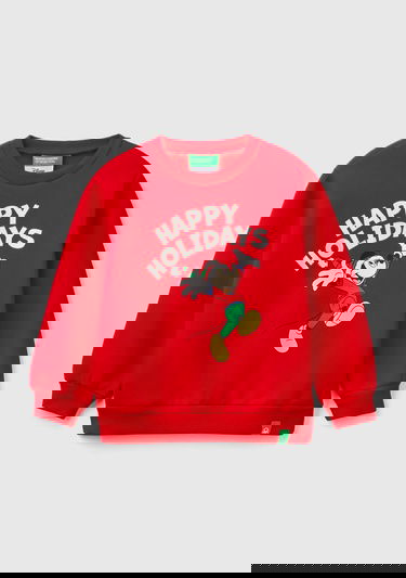  Erkek Çocuk Kırmızı Etek Ucu Logolu Mickey Mouse Baskılı Bisiklet Yaka Sweatshirt