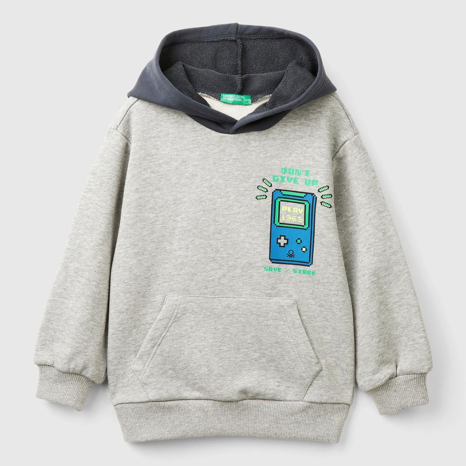 Erkek Çocuk Gri Melanj Önü Baskılı Kapüşonu Kontrast Renkli Kanguru Cepli Sweatshirt
