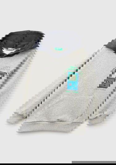  Erkek Çocuk Gri Melanj Önü Baskılı Kapüşonu Kontrast Renkli Kanguru Cepli Sweatshirt