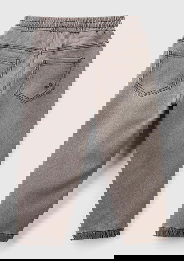  Erkek Çocuk Gri Denim Arka Cebi Logolu Lastik Paça Ağartılmış Denim Pantolon