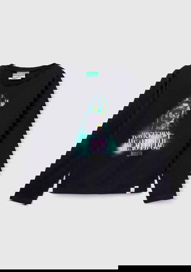  Kız Çocuk Siyah Etek Ucu Logolu Önü Çok Renkli Baskılı Uzun Kollu T-Shirt