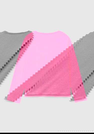  Kız Çocuk Pembe Etek Ucu Logolu Önü Çok Renkli Baskılı Uzun Kollu T-Shirt