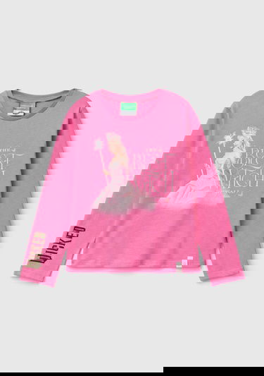  Kız Çocuk Pembe Etek Ucu Logolu Önü Çok Renkli Baskılı Uzun Kollu T-Shirt