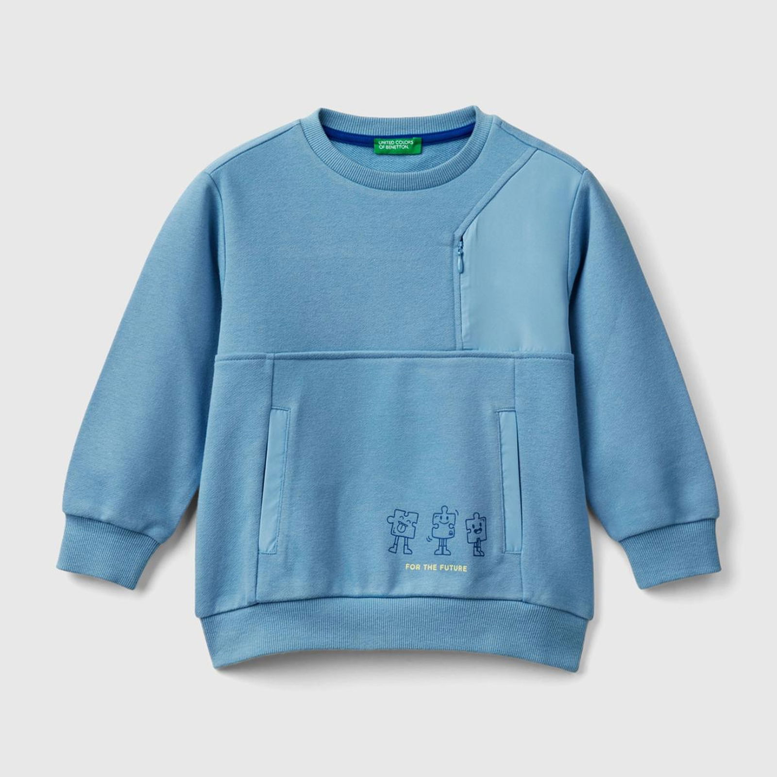 Erkek Çocuk Havacı Mavi Sol Omzu Parlak Detaylı Baskılı Bisiklet Yaka Sweatshirt