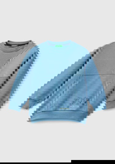  Erkek Çocuk Havacı Mavi Sol Omzu Parlak Detaylı Baskılı Bisiklet Yaka Sweatshirt