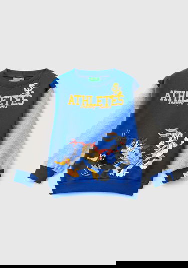  Erkek Çocuk Saks Mavi Kol Ucu Logo Etiketli Looney Tunes Baskılı Uzun Kollu Sweatshirt