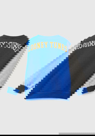  Erkek Çocuk Saks Mavi Kol Ucu Logo Etiketli Looney Tunes Baskılı Uzun Kollu Sweatshirt