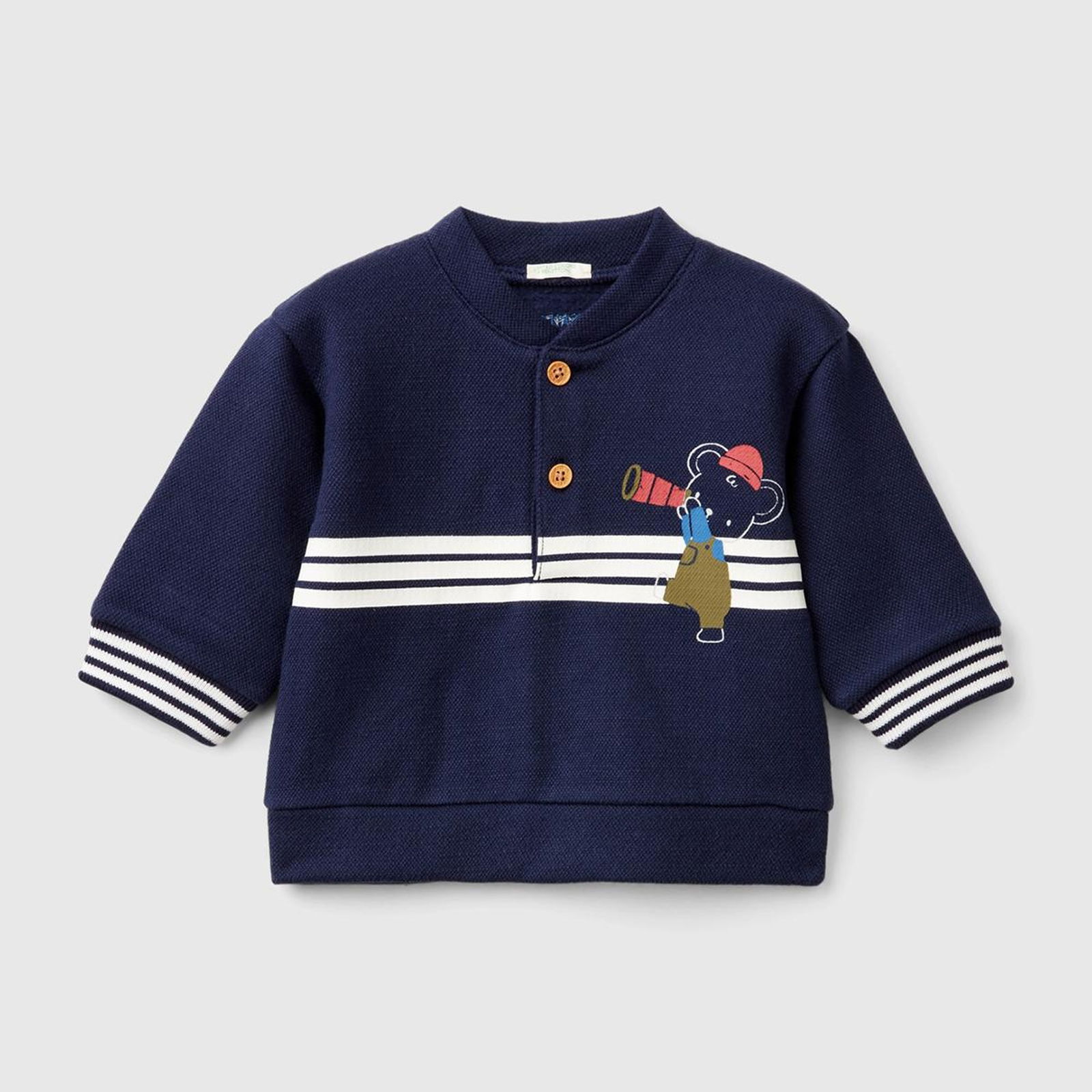 Bebek Lacivert Önü ve Bilekleri Çizgi Detaylı Baskılı Düğmeli Sweatshirt