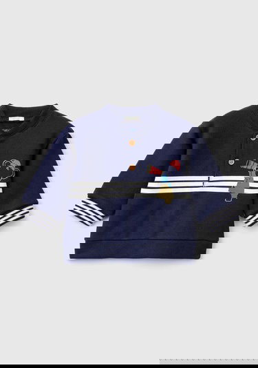  Bebek Lacivert Önü ve Bilekleri Çizgi Detaylı Baskılı Düğmeli Sweatshirt