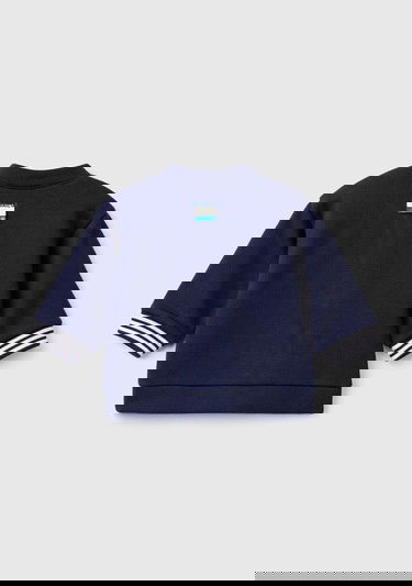  Bebek Lacivert Önü ve Bilekleri Çizgi Detaylı Baskılı Düğmeli Sweatshirt