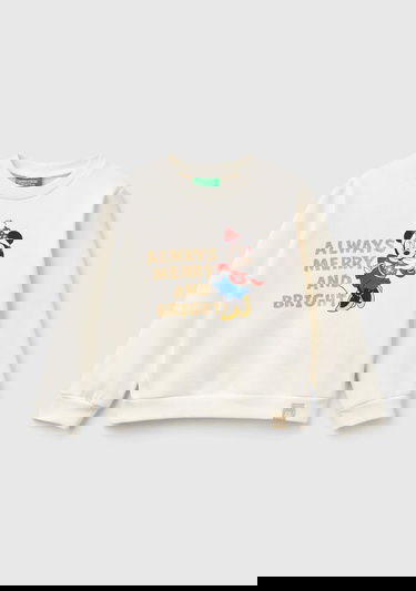  Kız Çocuk Ekru Etek Ucu Logolu Çizgi Film Baskılı Bisiklet Yaka Sweatshirt