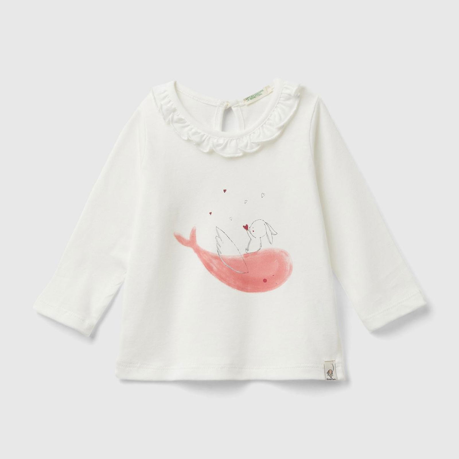 Bebek Beyaz Önü Su Baskılı Yakası Fırfır Detaylı Uzun Kollu T-Shirt