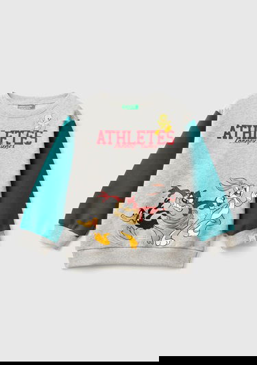  Erkek Çocuk Gri Melanj Kol Ucu Logo Etiketli Looney Tunes Baskılı Uzun Kollu Sweatshirt