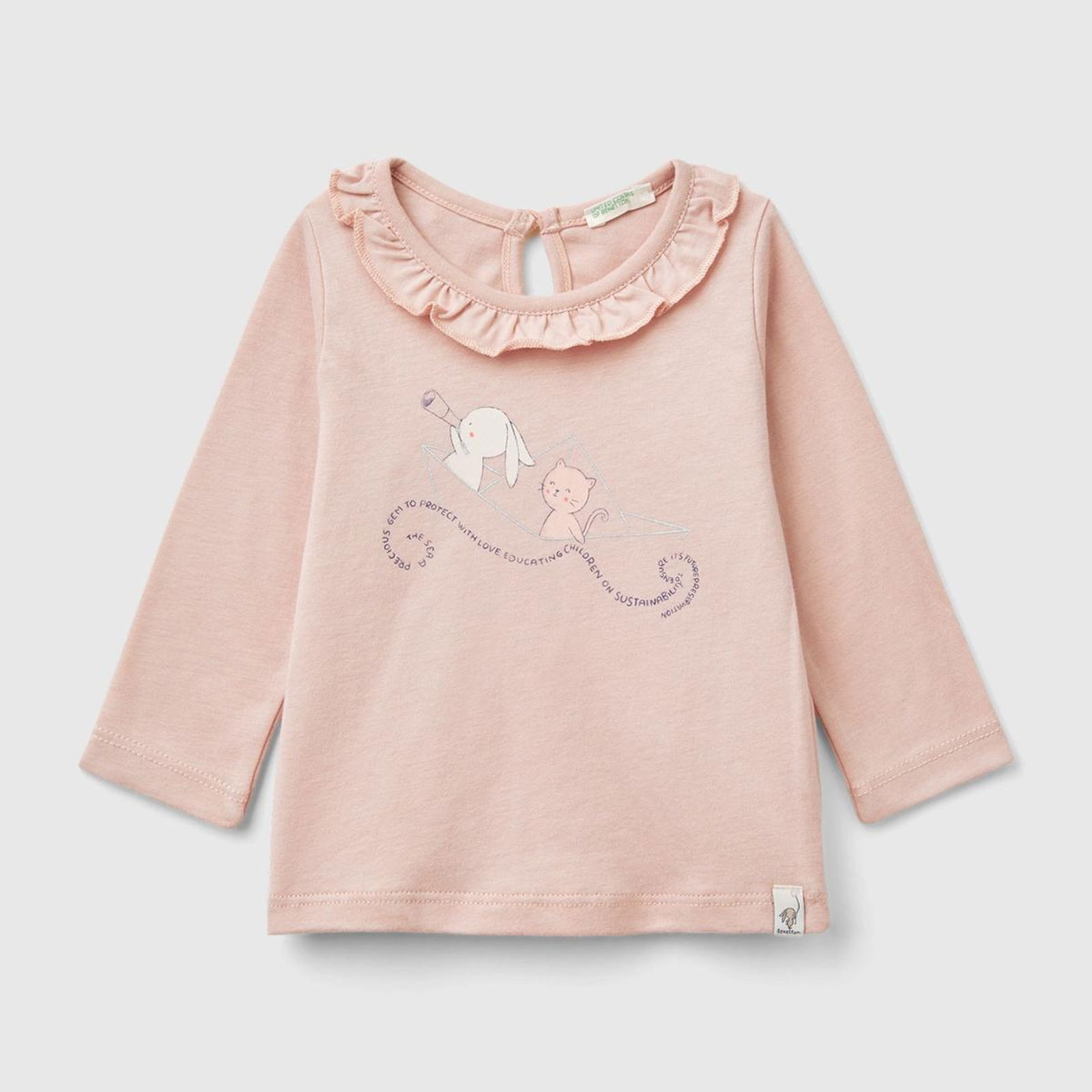 Bebek Toz Pembe Önü Su Baskılı Yakası Fırfır Detaylı Uzun Kollu T-Shirt