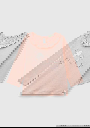  Bebek Toz Pembe Önü Su Baskılı Yakası Fırfır Detaylı Uzun Kollu T-Shirt