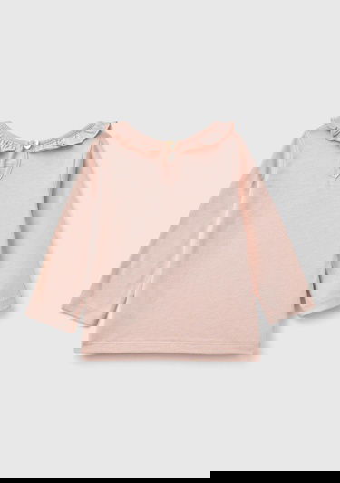  Bebek Toz Pembe Önü Su Baskılı Yakası Fırfır Detaylı Uzun Kollu T-Shirt