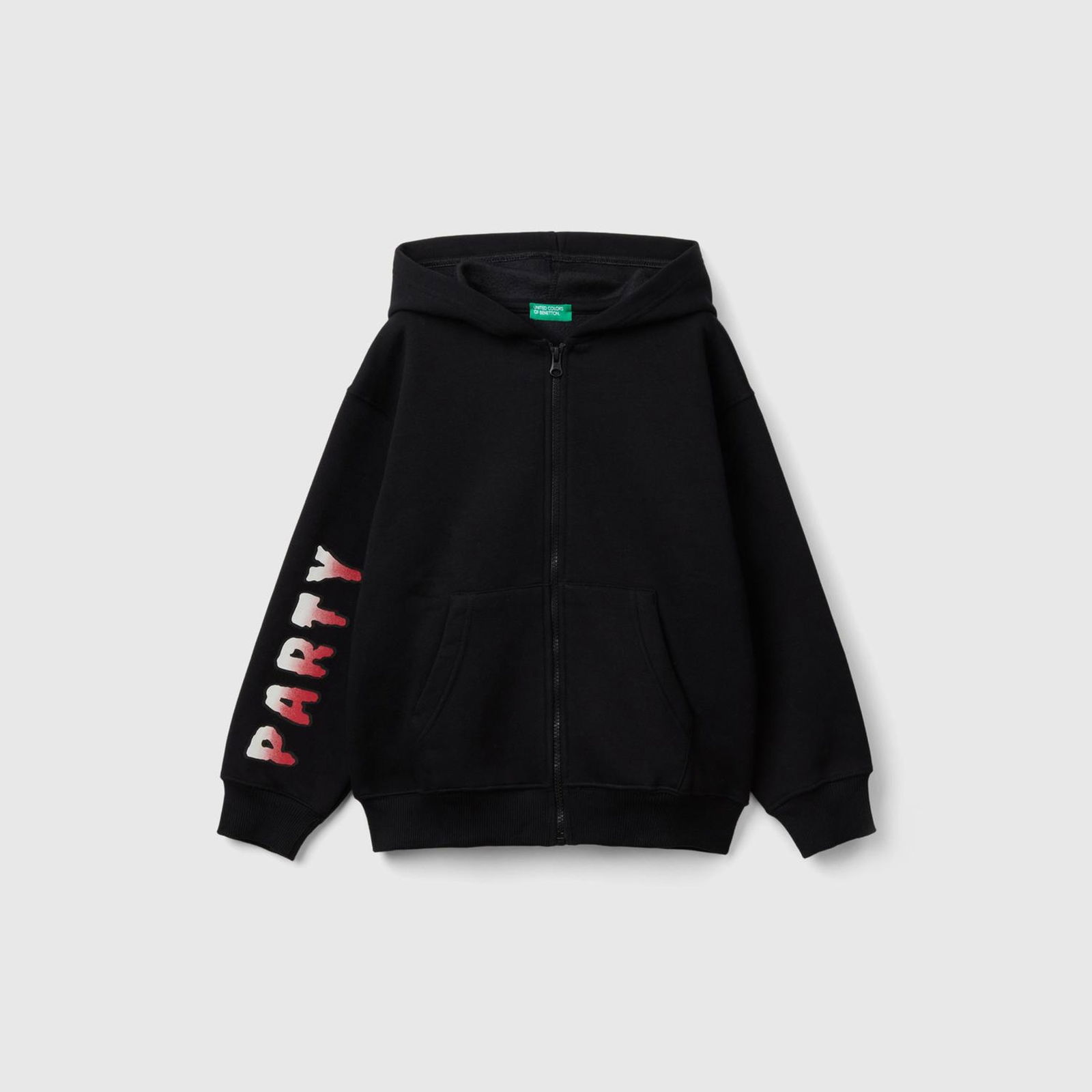 Erkek Çocuk Siyah Önü ve Arkası Baskılı Fermuarlı Cepli Kapüşonlu Sweatshirt