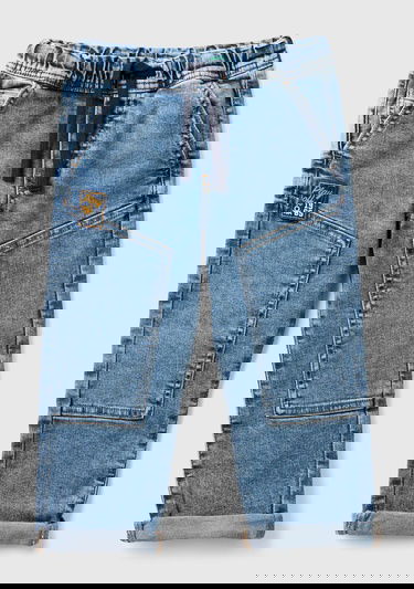  Erkek Çocuk Denim Beli Lastikli Büzgü İpli Kıvrık Paça Denim Pantolon