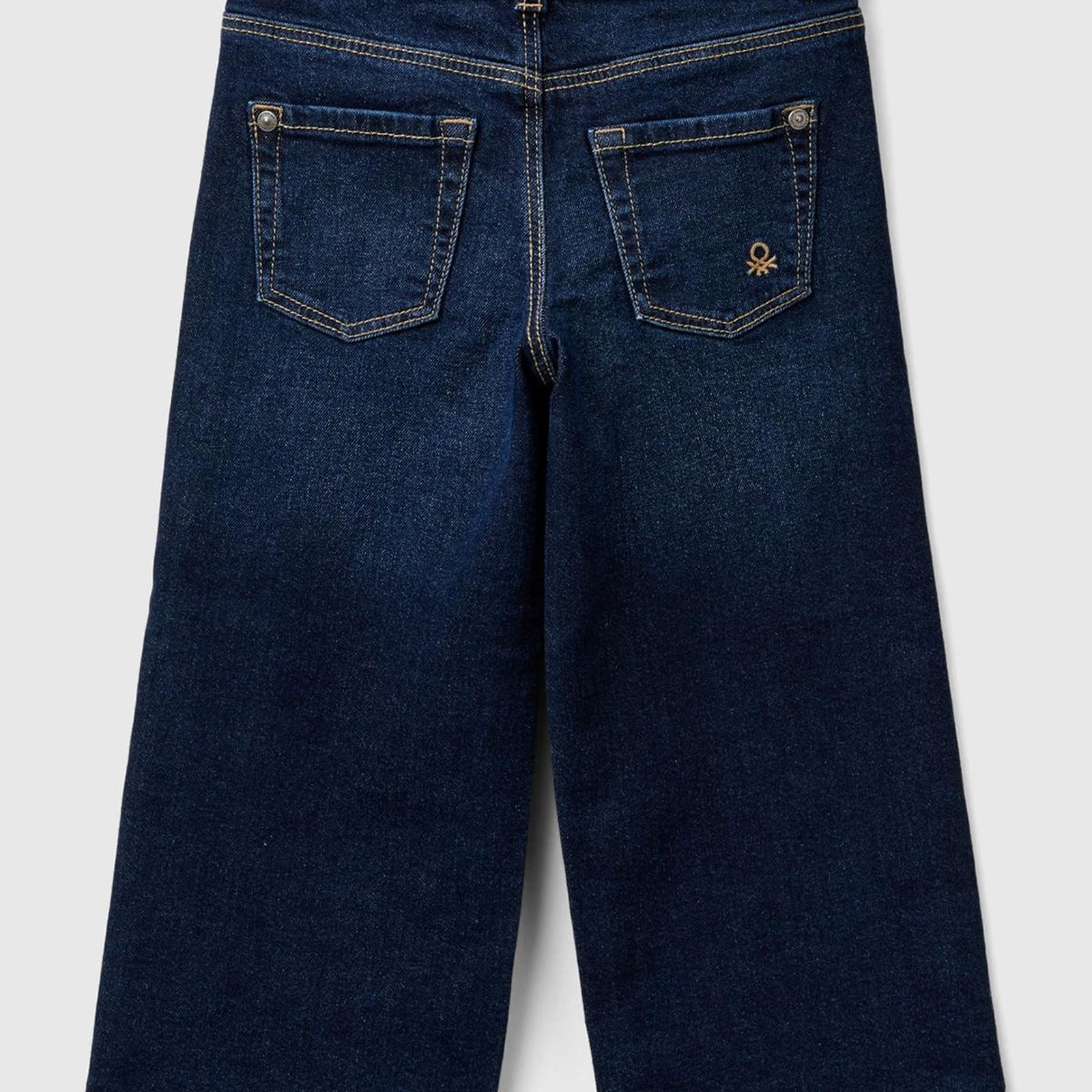 Kız Çocuk Koyu Denim Arka Cebi Logo Detaylı Beli Kuşaklı Geniş Paça Pantolon