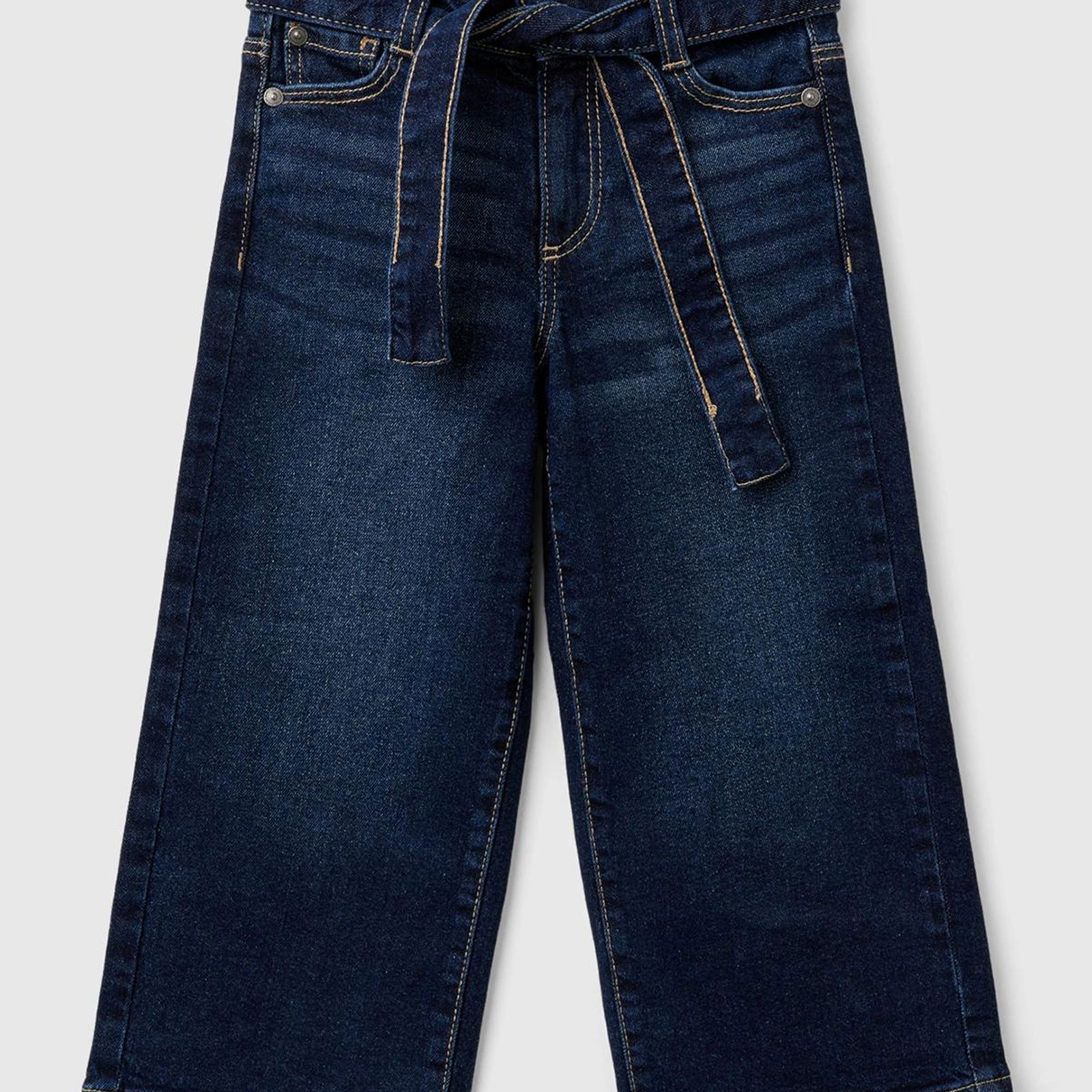 Kız Çocuk Koyu Denim Arka Cebi Logo Detaylı Beli Kuşaklı Geniş Paça Pantolon