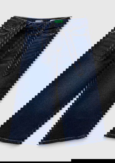  Kız Çocuk Koyu Denim Arka Cebi Logo Detaylı Beli Kuşaklı Geniş Paça Pantolon