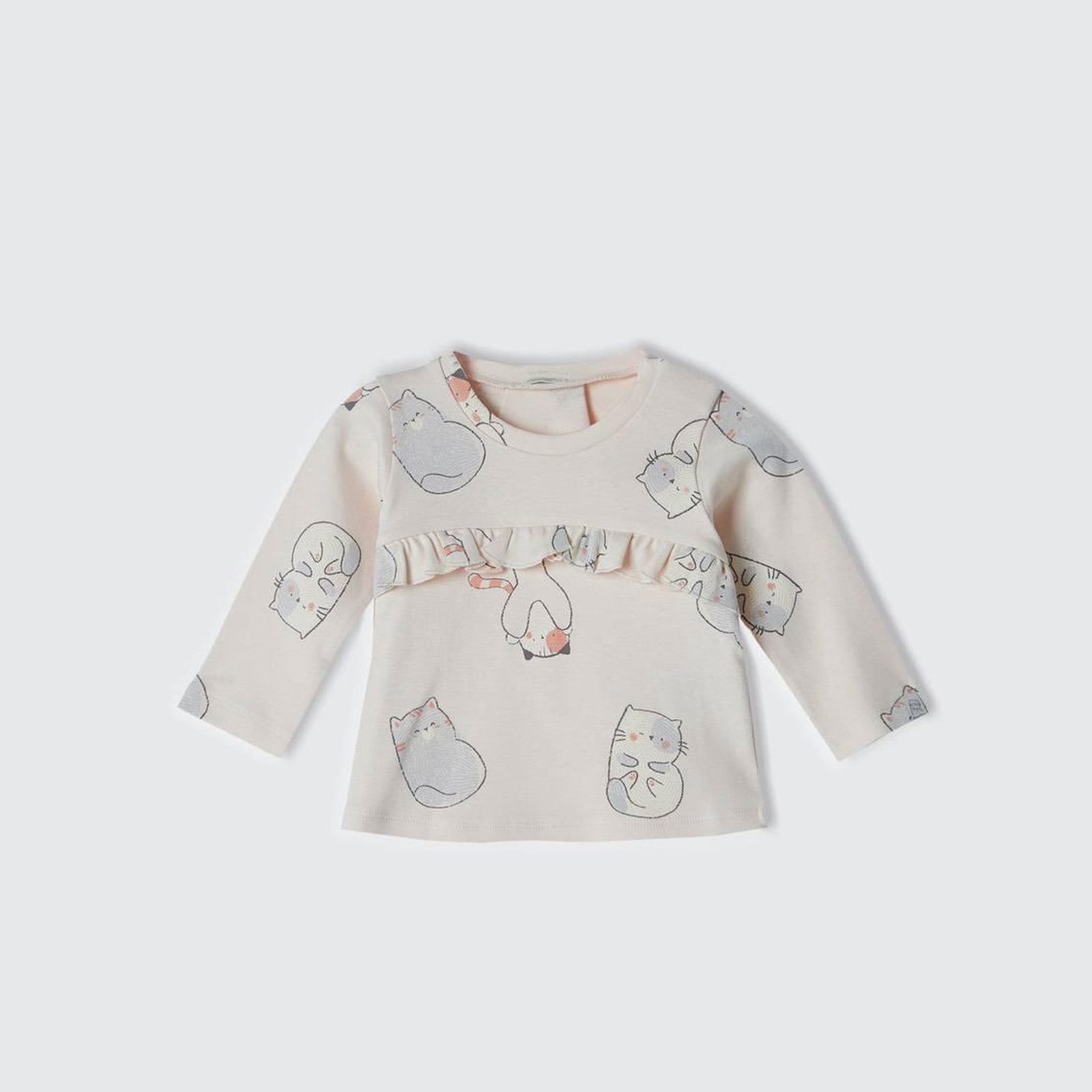 Bebek Yavruağzı Tamamı Desenli Önü Fırfır Detaylı Uzun Kollu T-Shirt