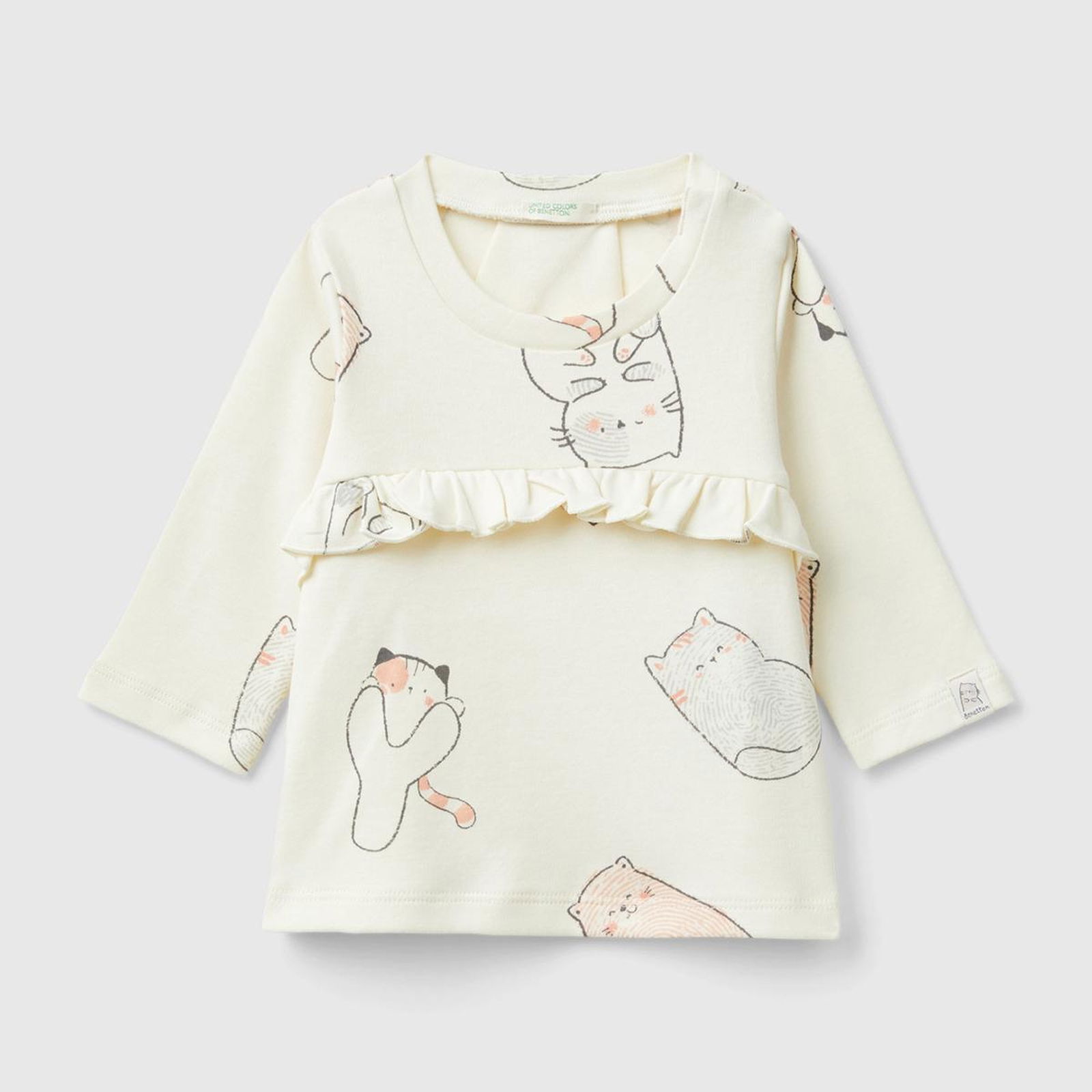Bebek Kırık Beyaz Tamamı Desenli Önü Fırfır Detaylı Uzun Kollu T-Shirt