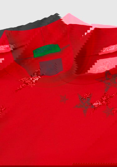  Kız Çocuk Kırmızı Arkası Logolu Omzu Pul Detaylı Dik Yaka Uzun Kollu T-Shirt