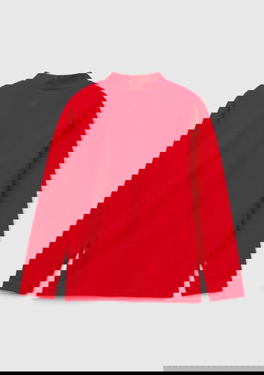  Kız Çocuk Kırmızı Arkası Logolu Omzu Pul Detaylı Dik Yaka Uzun Kollu T-Shirt