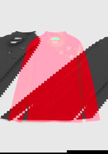  Kız Çocuk Kırmızı Arkası Logolu Omzu Pul Detaylı Dik Yaka Uzun Kollu T-Shirt