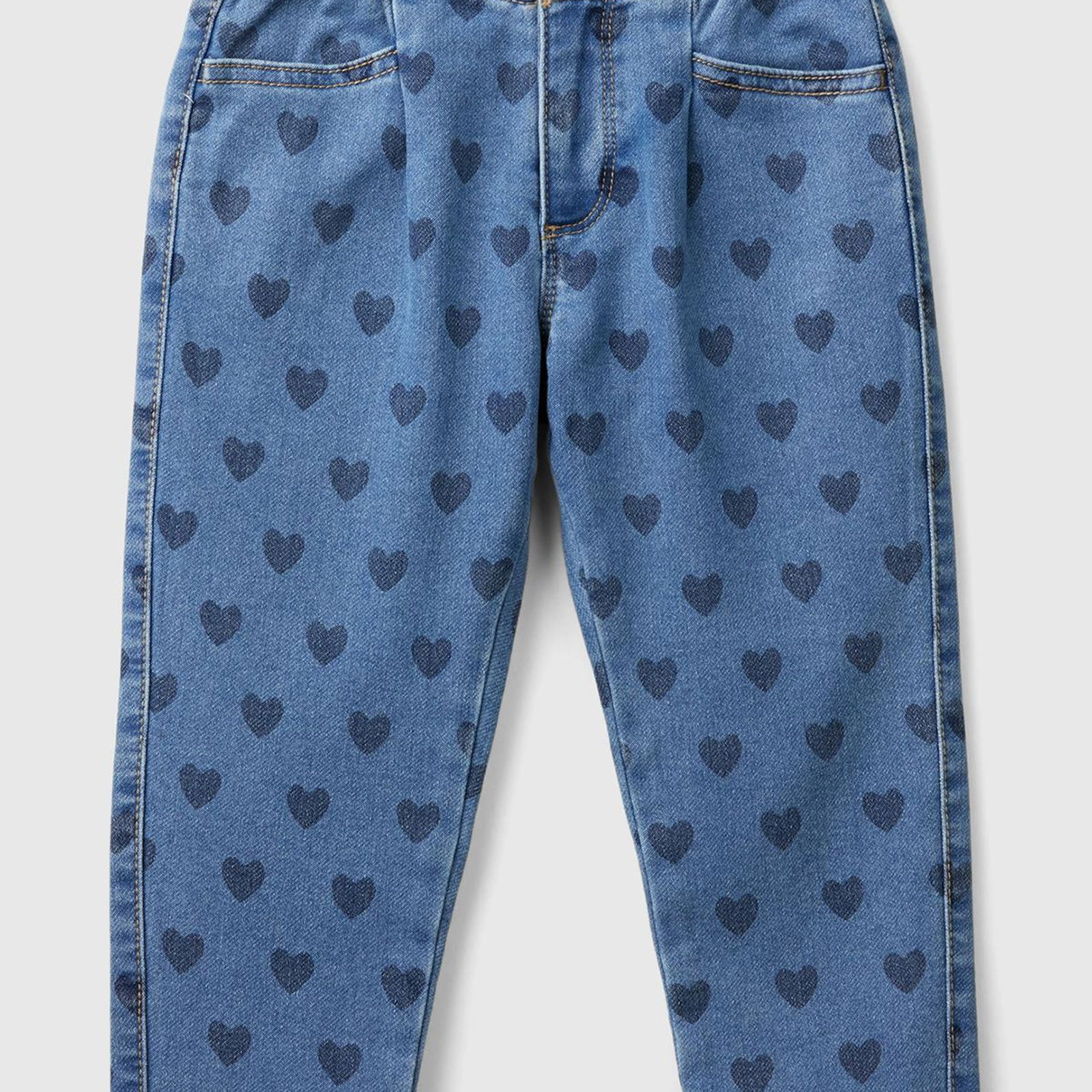 Kız Çocuk Koyu Denim Tamamı Desenli Beli Lastikli Bol Kesim Pantolon