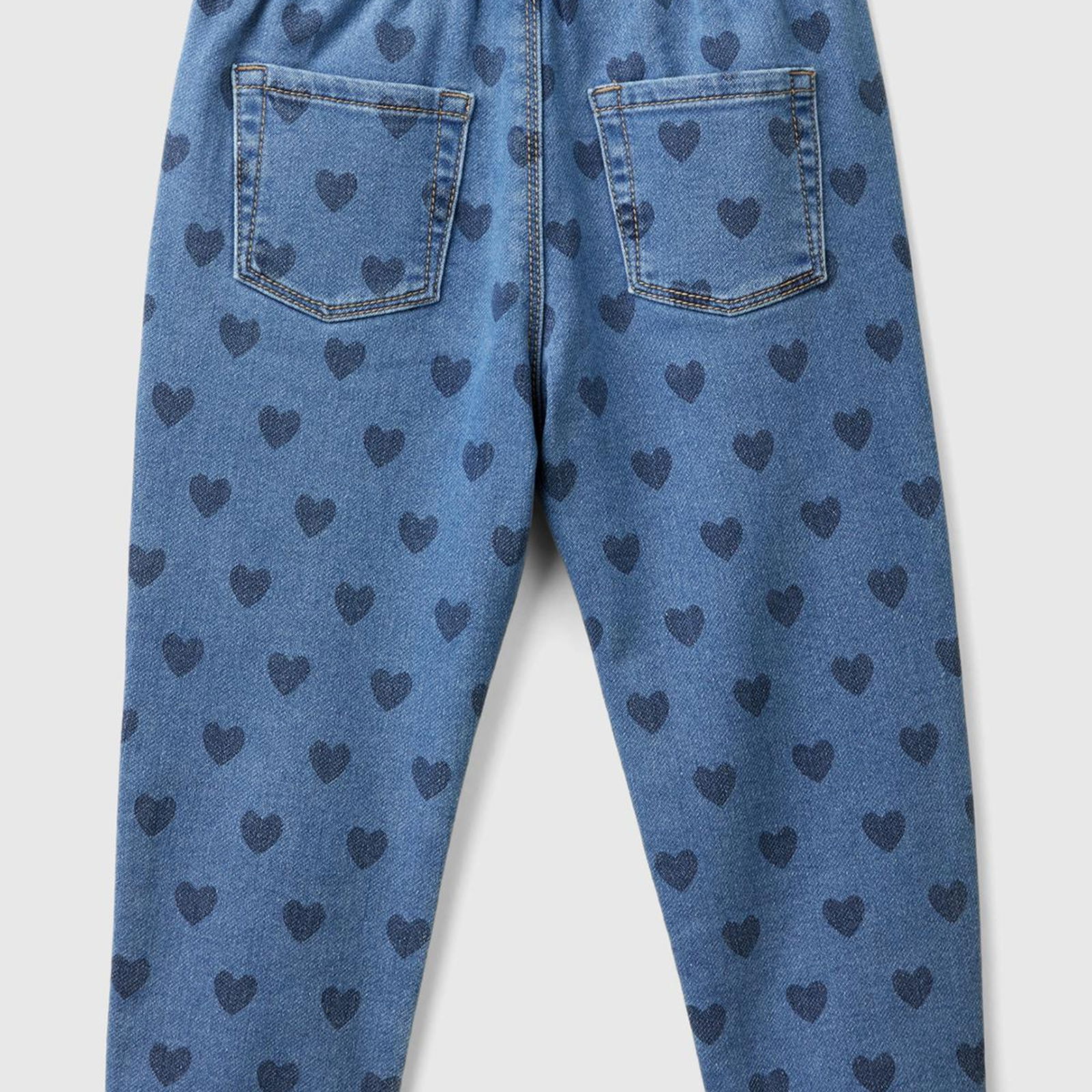 Kız Çocuk Koyu Denim Tamamı Desenli Beli Lastikli Bol Kesim Pantolon