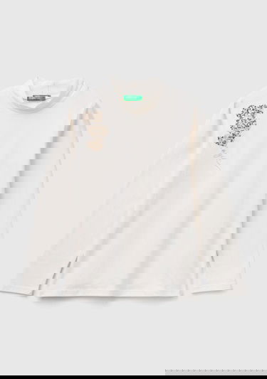  Kız Çocuk Ekru Arkası Logolu Omzu Pul Detaylı Dik Yaka Uzun Kollu T-Shirt