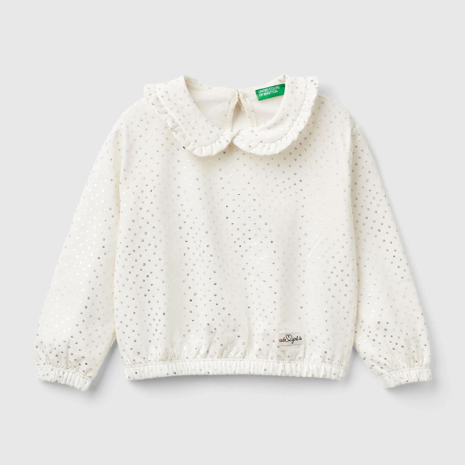 Kız Çocuk Kırık Beyaz Tamamı Desenli Fırfır Yakalı Oversize Kesim Sweatshirt