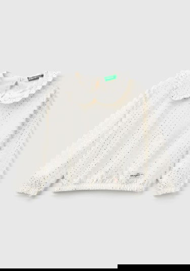  Kız Çocuk Kırık Beyaz Tamamı Desenli Fırfır Yakalı Oversize Kesim Sweatshirt