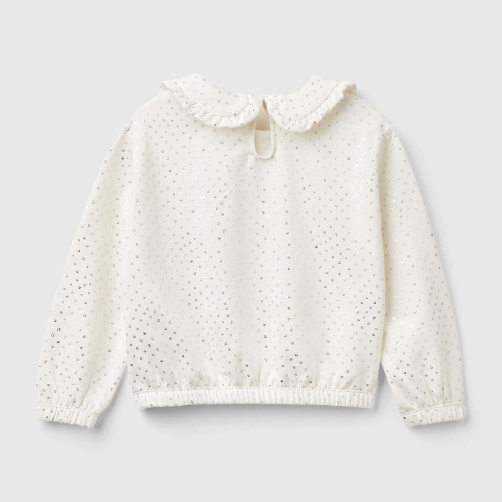 Kız Çocuk Kırık Beyaz Tamamı Desenli Fırfır Yakalı Oversize Kesim Sweatshirt
