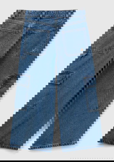  Kız Çocuk Koyu Denim Yanları ve Arkası Cep Detaylı Geniş Kesim Kargo Pantolon