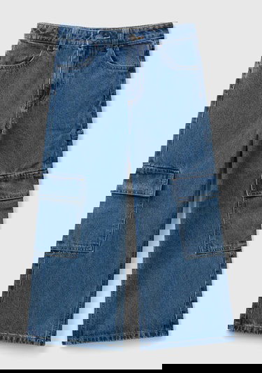  Kız Çocuk Koyu Denim Yanları ve Arkası Cep Detaylı Geniş Kesim Kargo Pantolon