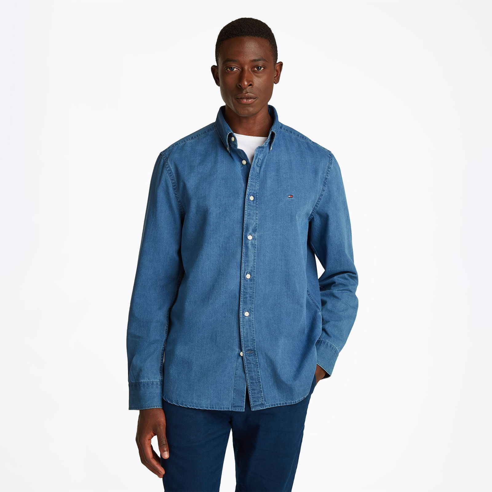 Tommy Hilfiger Chambray Rf Erkek Mavi Gömlek