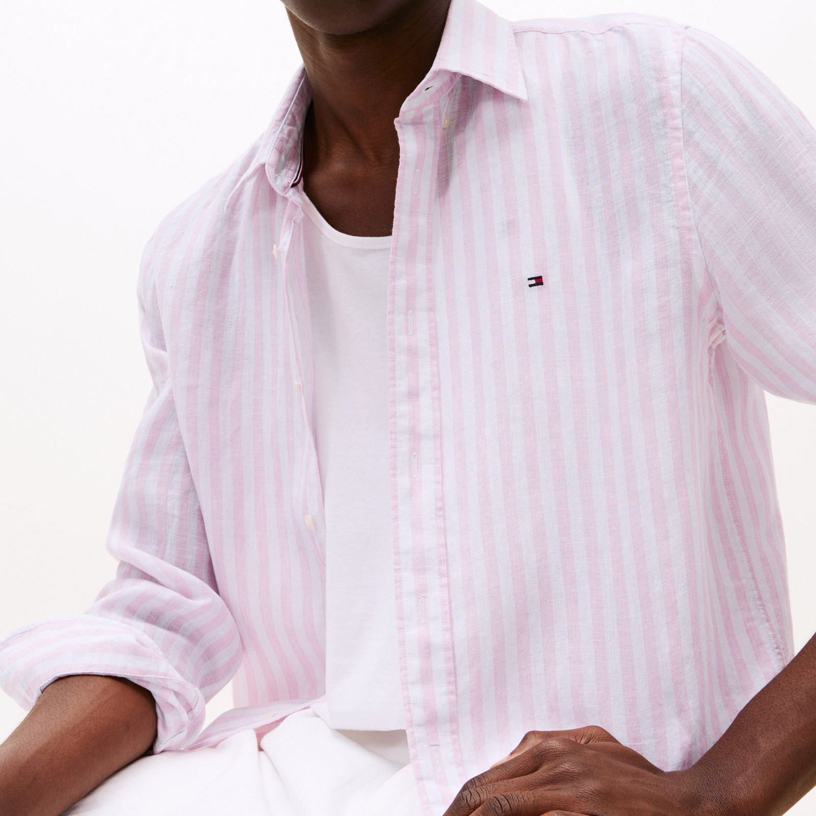 Tommy Hilfiger Linen Essential Stripe Rf Erkek Pembe Gömlek
