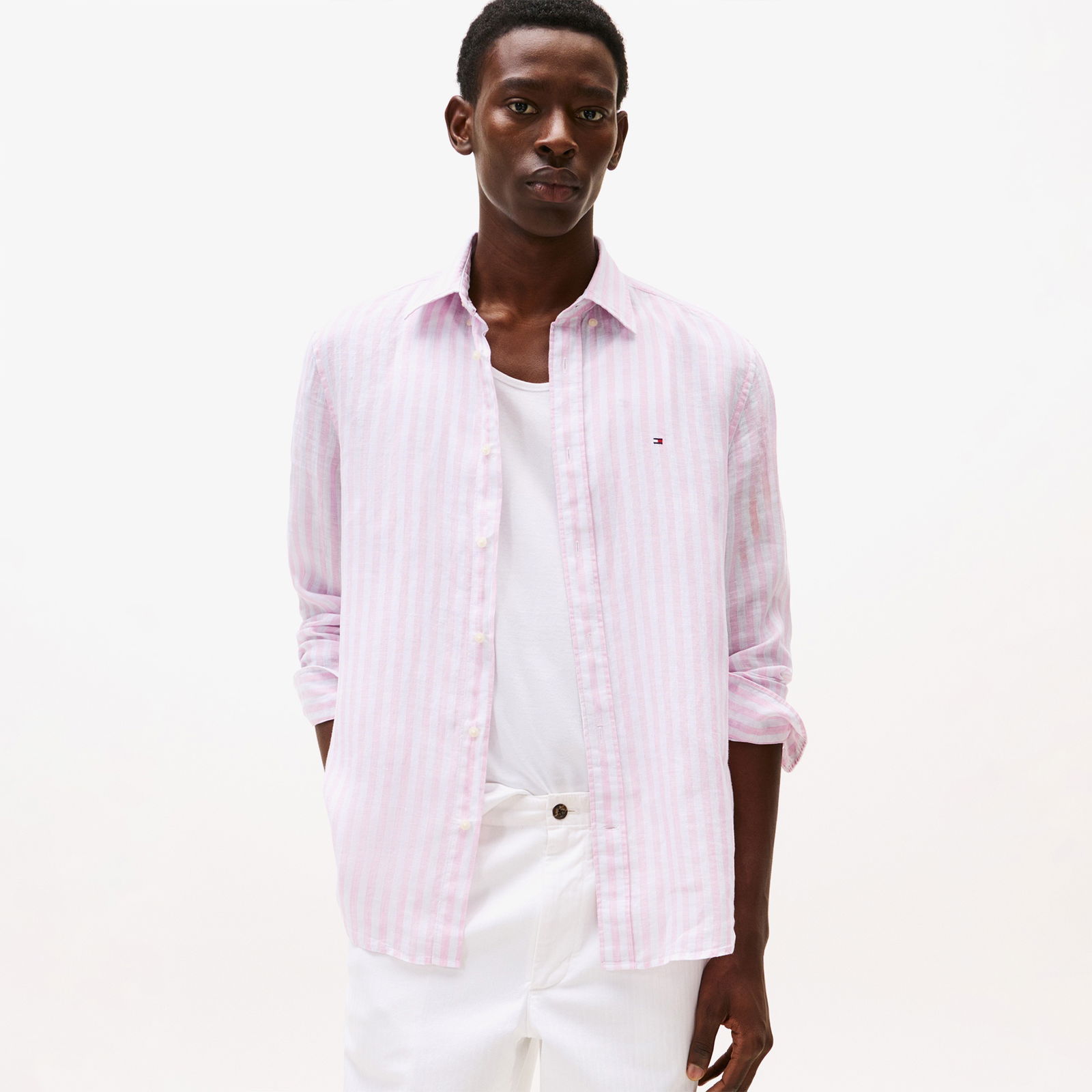 Tommy Hilfiger Linen Essential Stripe Rf Erkek Pembe Gömlek