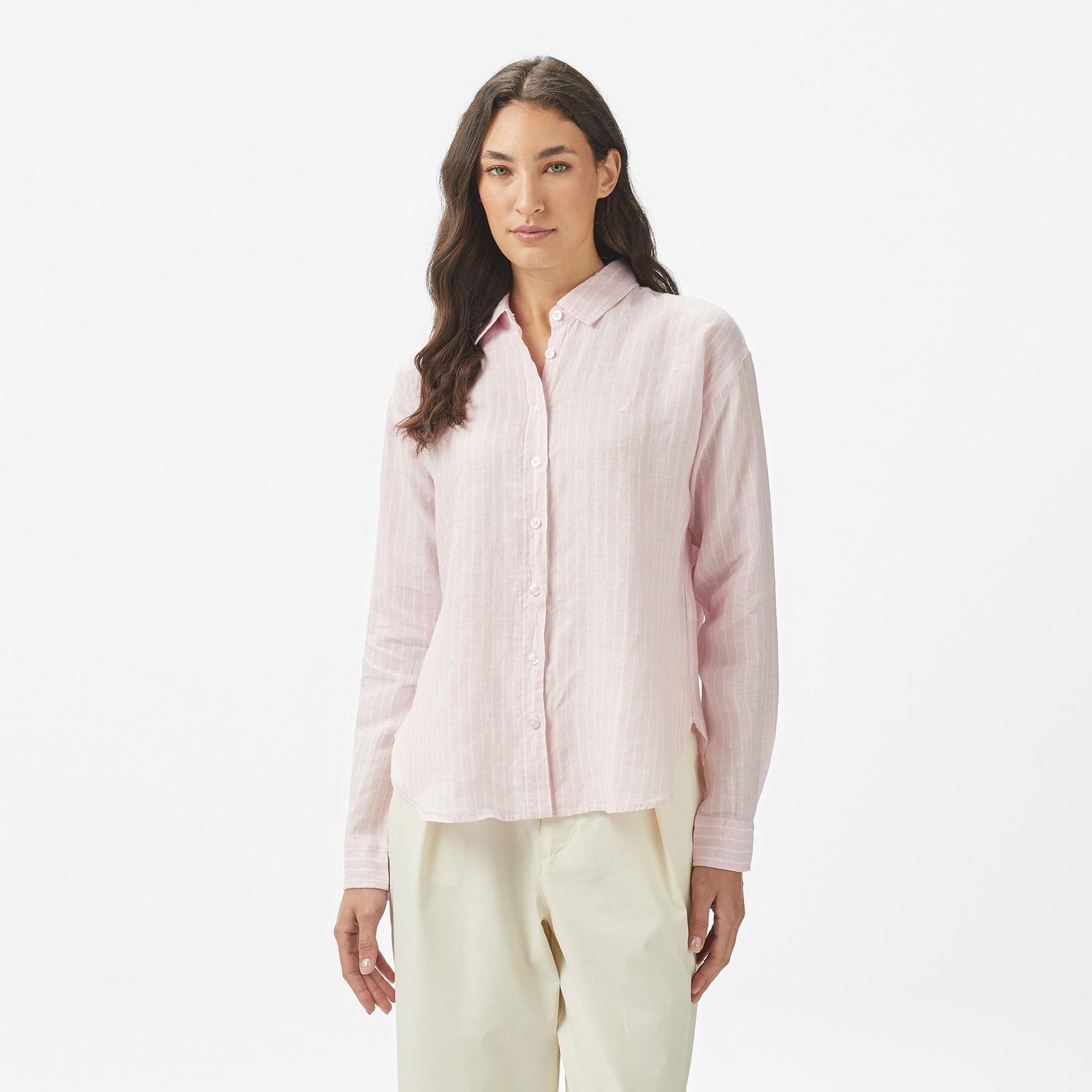 Nautica Kadın Pembe Regular Fit Keten Çizgili Gömlek