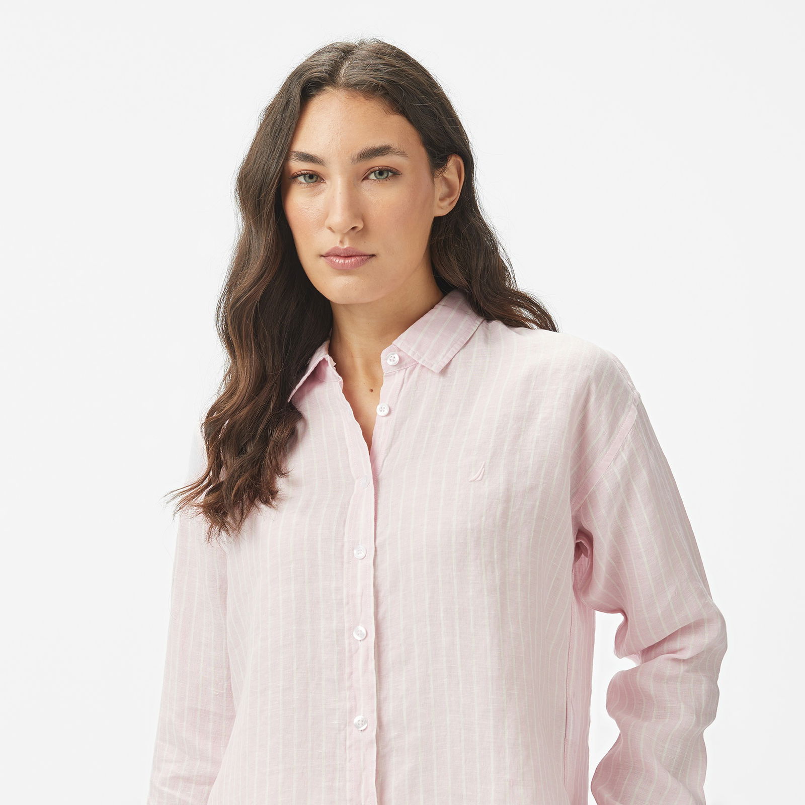 Nautica Kadın Pembe Regular Fit Keten Çizgili Gömlek